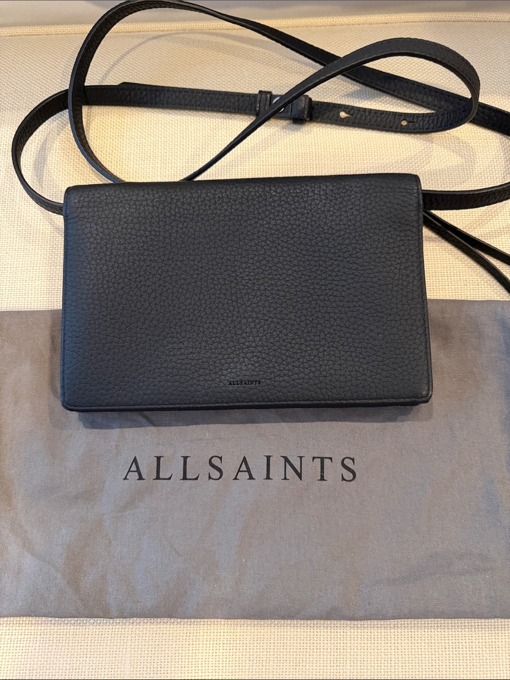 AllSaints Black Pebbled Leather Messenger Crossbody